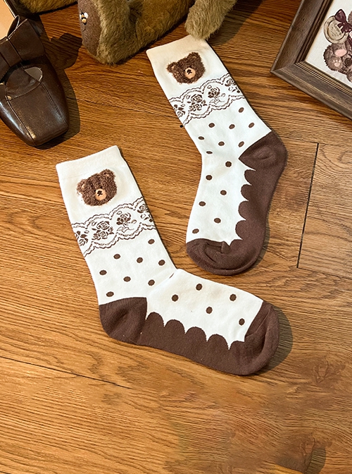 Nitin Bear Series Daily Commute Brown Polka Dots 3D Plush Little Bear Lace Print Cute Sweet Lolita Short Socks