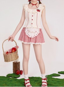 Pick Strawberry Series Red Plaid Embroidered Sweet Girl Kawaii Fashion Flying Sleeve Shirt Camisole Short Culottes Set