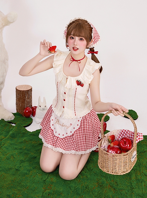 Pick Strawberry Series Red Plaid Embroidered Sweet Girl Kawaii Fashion Flying Sleeve Shirt Camisole Short Culottes Set