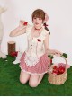 Pick Strawberry Series Red Plaid Embroidered Sweet Girl Kawaii Fashion Flying Sleeve Shirt Camisole Short Culottes Set