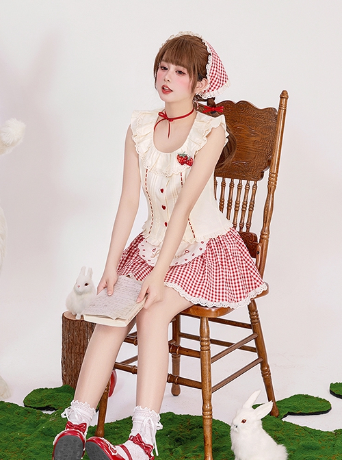 Pick Strawberry Series Red Plaid Embroidered Sweet Girl Kawaii Fashion Flying Sleeve Shirt Camisole Short Culottes Set