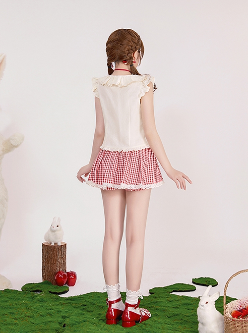 Pick Strawberry Series Red Plaid Embroidered Sweet Girl Kawaii Fashion Flying Sleeve Shirt Camisole Short Culottes Set