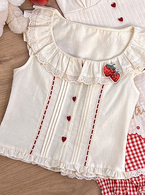 Pick Strawberry Series Red Plaid Embroidered Sweet Girl Kawaii Fashion Flying Sleeve Shirt Camisole Short Culottes Set