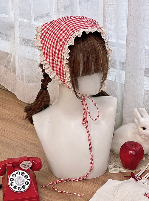 Pick Strawberry Series Red Plaid Lace Cute Sweet Girl Kawaii Fashion Triangle Scarf Hair Accessory