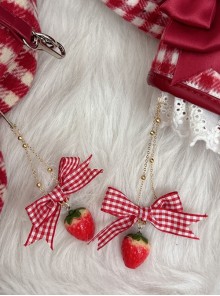 Daily Cute Red Plaid Bowknot Simulated Strawberry Golden Chain Hardware Lolita Kawaii Fashion Bag Pendant