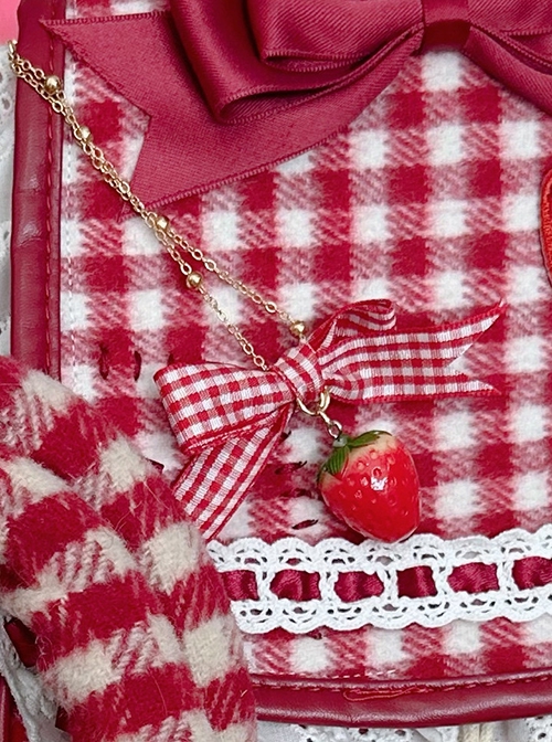 Daily Cute Red Plaid Bowknot Simulated Strawberry Golden Chain Hardware Lolita Kawaii Fashion Bag Pendant