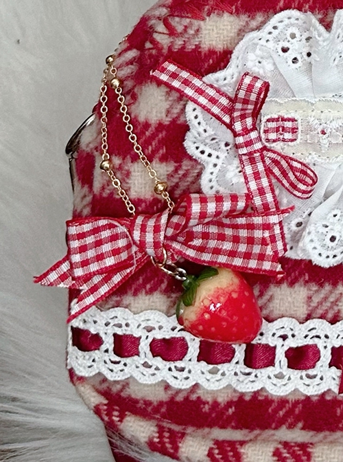 Daily Cute Red Plaid Bowknot Simulated Strawberry Golden Chain Hardware Lolita Kawaii Fashion Bag Pendant