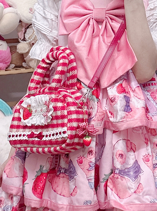 Daily Cute Red Plaid Bowknot Simulated Strawberry Golden Chain Hardware Lolita Kawaii Fashion Bag Pendant