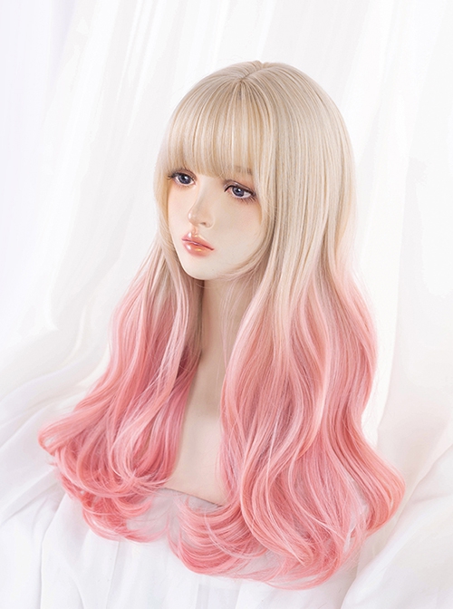 Bunny Series Gentle Girly Stylish Golden Gradient Orange Pink Cute Flat Bangs Long Curly Hair Sweet Lolita Full Head Wig