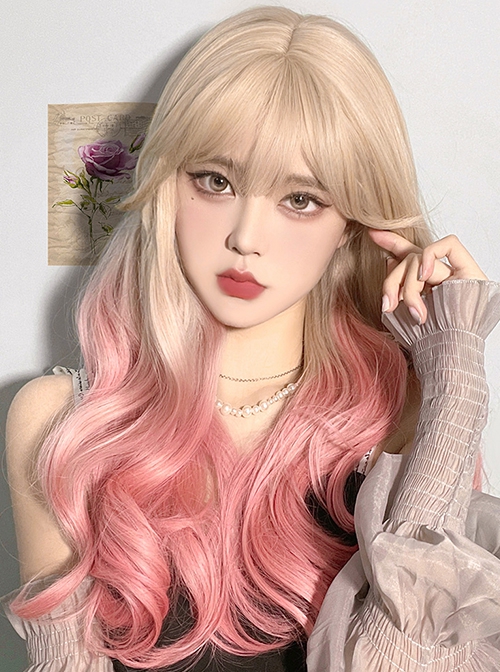 Bunny Series Gentle Girly Stylish Golden Gradient Orange Pink Cute Flat Bangs Long Curly Hair Sweet Lolita Full Head Wig