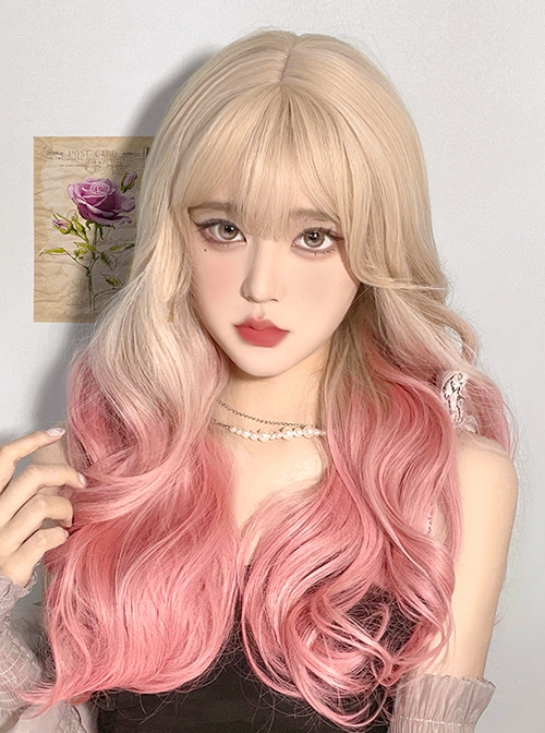 Bunny Series Gentle Girly Stylish Golden Gradient Orange Pink Cute Flat Bangs Long Curly Hair Sweet Lolita Full Head Wig