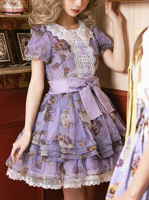 Handmade Cat Series Low Saturation Light Purple Pansy Kitty Pastoral Butterfly Book Print Sweet Lolita Puff Sleeves Dress