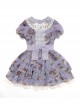 Handmade Cat Series Low Saturation Light Purple Pansy Kitty Pastoral Butterfly Book Print Sweet Lolita Puff Sleeves Dress