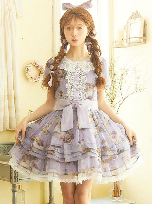 Handmade Cat Series Low Saturation Light Purple Pansy Kitty Pastoral Butterfly Book Print Sweet Lolita Puff Sleeves Dress