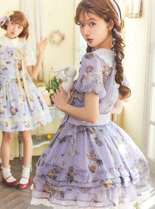 Handmade Cat Series Low Saturation Light Purple Pansy Kitty Pastoral Butterfly Book Print Sweet Lolita Puff Sleeves Dress