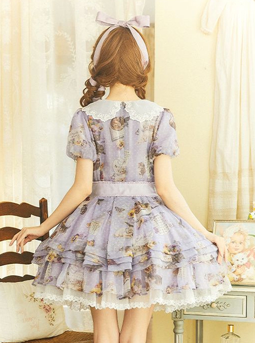 Handmade Cat Series Low Saturation Light Purple Pansy Kitty Pastoral Butterfly Book Print Sweet Lolita Puff Sleeves Dress