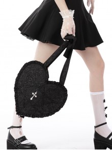 Gothic Style Unique Dark Lace Ruffles Heart Shape Metal Six Pointed Star Chain Cross Decorated Black Shoulder Bag