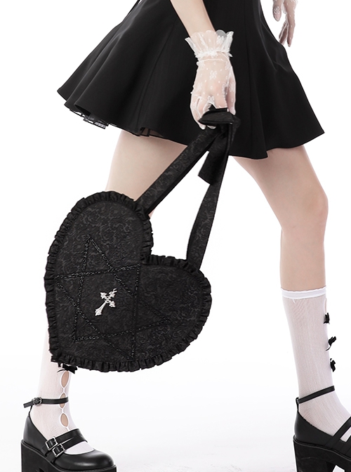 Gothic Style Unique Dark Lace Ruffles Heart Shape Metal Six Pointed Star Chain Cross Decorated Black Shoulder Bag