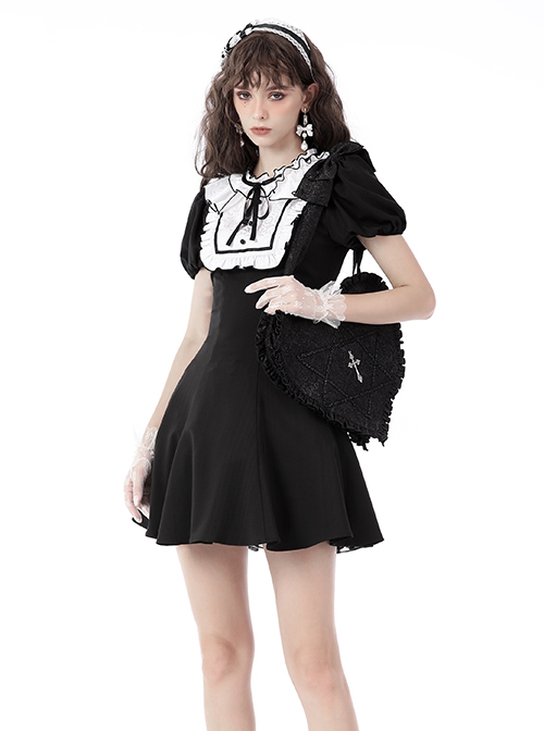 Gothic Style Unique Dark Lace Ruffles Heart Shape Metal Six Pointed Star Chain Cross Decorated Black Shoulder Bag