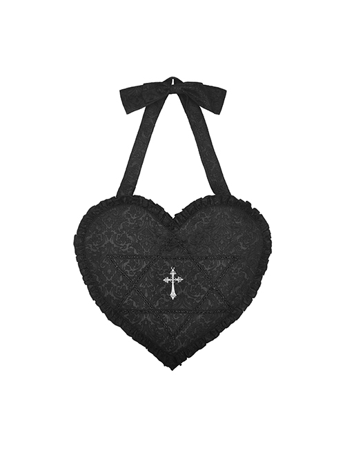 Gothic Style Unique Dark Lace Ruffles Heart Shape Metal Six Pointed Star Chain Cross Decorated Black Shoulder Bag