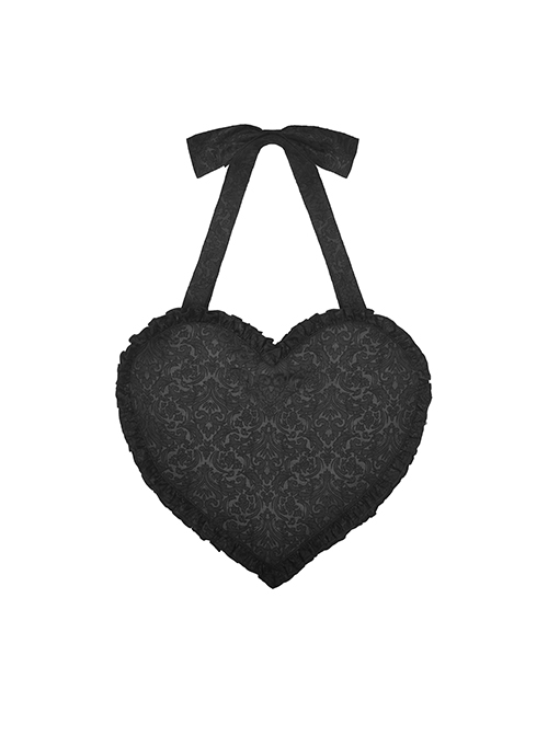 Gothic Style Unique Dark Lace Ruffles Heart Shape Metal Six Pointed Star Chain Cross Decorated Black Shoulder Bag