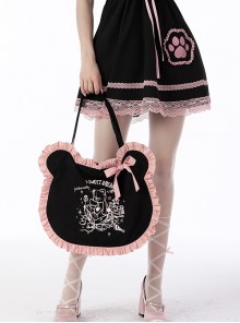 Gothic Style Cute Bear Shape White Printed Bear Pattern Lace Ruffled Bowknot Black Pink Shoulder Bag