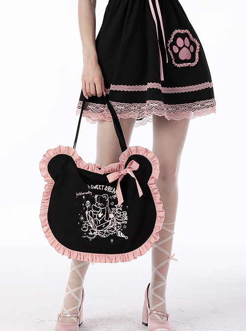 Gothic Style Cute Bear Shape White Printed Bear Pattern Lace Ruffled Bowknot Black Pink Shoulder Bag