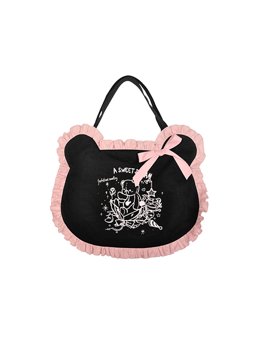 Gothic Style Cute Bear Shape White Printed Bear Pattern Lace Ruffled Bowknot Black Pink Shoulder Bag