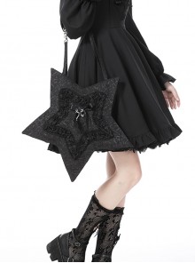 Gothic Style Five Pointed Star Shape Lace Ruffles Decorated Ribbon Bowknot Silver Cross Decorated Black Shoulder Bag