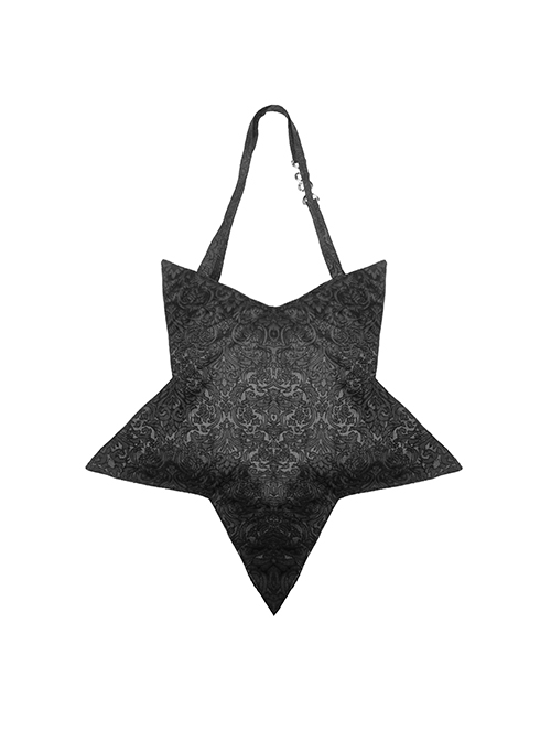 Gothic Style Five Pointed Star Shape Lace Ruffles Decorated Ribbon Bowknot Silver Cross Decorated Black Shoulder Bag