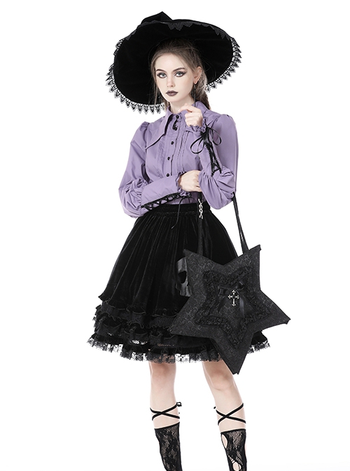 Gothic Style Five Pointed Star Shape Lace Ruffles Decorated Ribbon Bowknot Silver Cross Decorated Black Shoulder Bag