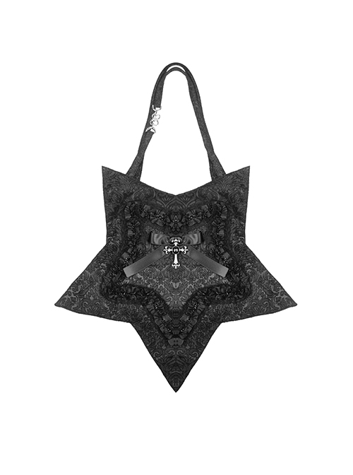 Gothic Style Five Pointed Star Shape Lace Ruffles Decorated Ribbon Bowknot Silver Cross Decorated Black Shoulder Bag