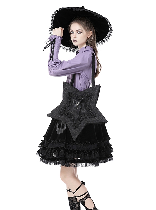 Gothic Style Five Pointed Star Shape Lace Ruffles Decorated Ribbon Bowknot Silver Cross Decorated Black Shoulder Bag