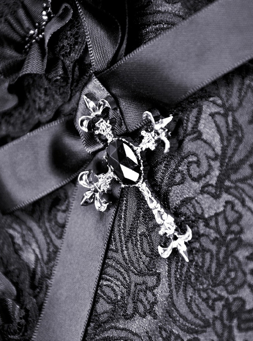 Gothic Style Five Pointed Star Shape Lace Ruffles Decorated Ribbon Bowknot Silver Cross Decorated Black Shoulder Bag