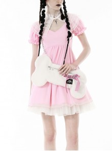 Gothic Style Chic Bone Shape Pink Ribbon Bowknot Metal Chain Decoration Plush White Crossbody Bag