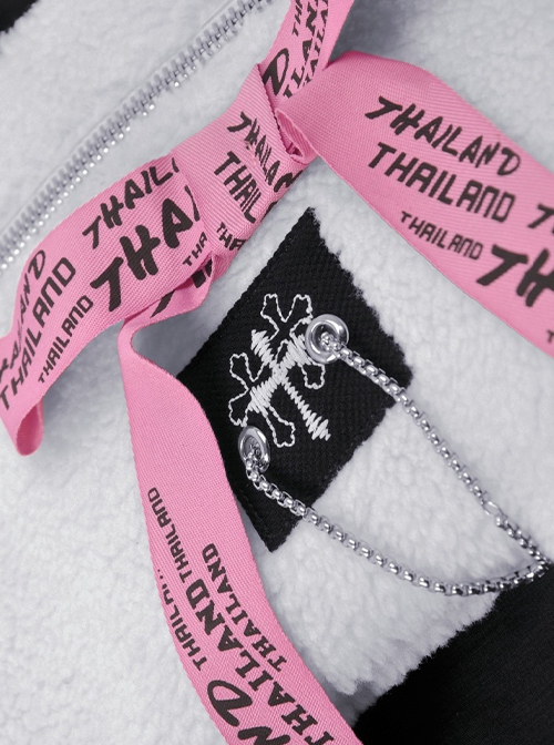 Gothic Style Chic Bone Shape Pink Ribbon Bowknot Metal Chain Decoration Plush White Crossbody Bag