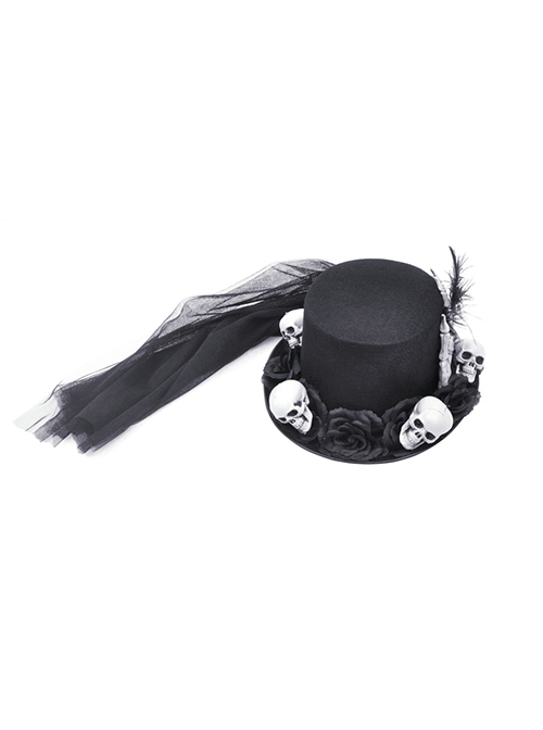 Punk Style Flowing Polyester Brim With Unique White Skull Flower Decoration Handsome Black Hat