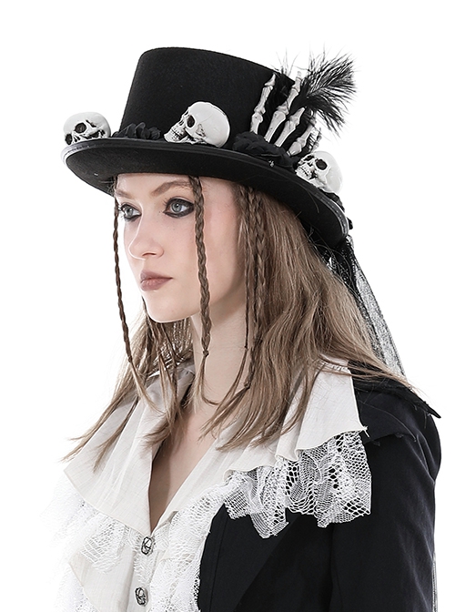 Punk Style Flowing Polyester Brim With Unique White Skull Flower Decoration Handsome Black Hat