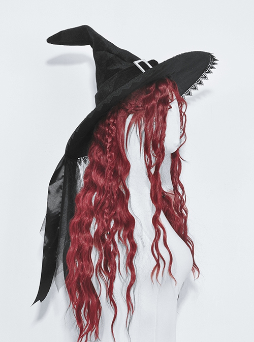 Gothic Style Velvet Pointed Delicate Lace Trimmed Black Red Rose Decorated Mysterious Black Witch Hat