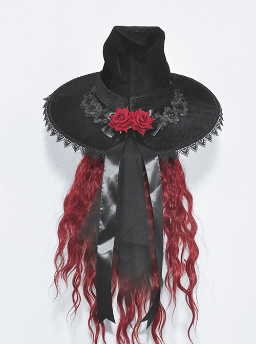 Gothic Style Velvet Pointed Delicate Lace Trimmed Black Red Rose Decorated Mysterious Black Witch Hat