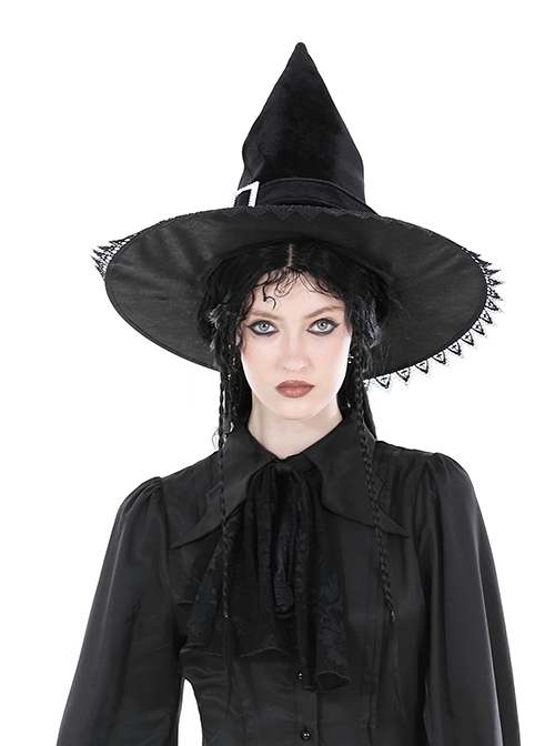 Gothic Style Velvet Pointed Delicate Lace Trimmed Black Red Rose Decorated Mysterious Black Witch Hat