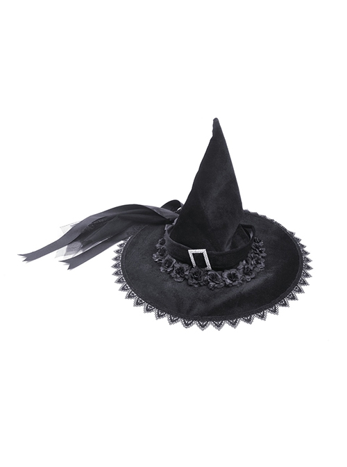 Gothic Style Velvet Pointed Delicate Lace Trimmed Black Red Rose Decorated Mysterious Black Witch Hat