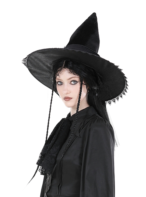 Gothic Style Velvet Pointed Delicate Lace Trimmed Black Red Rose Decorated Mysterious Black Witch Hat