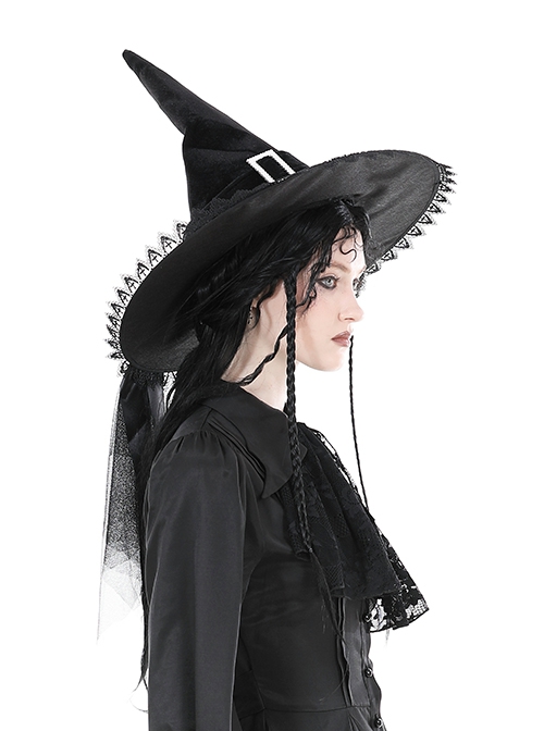 Gothic Style Velvet Pointed Delicate Lace Trimmed Black Red Rose Decorated Mysterious Black Witch Hat