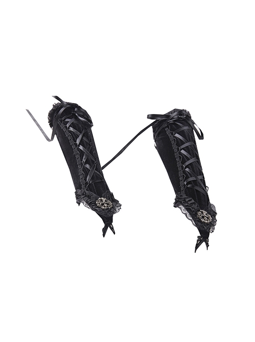 Gothic Style Dark Elegant Lace Decorated Metal Cross Embellished Velvet Straps Gorgeous Black Long Gloves