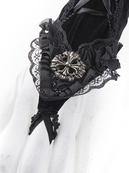 Gothic Style Dark Elegant Lace Decorated Metal Cross Embellished Velvet Straps Gorgeous Black Long Gloves