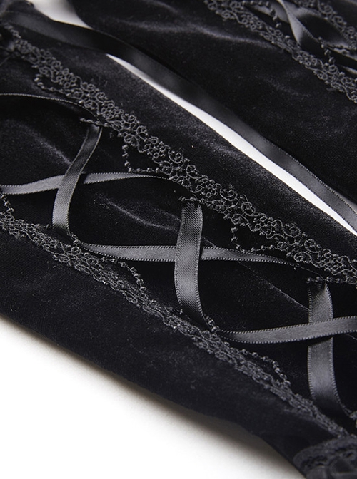 Gothic Style Dark Elegant Lace Decorated Metal Cross Embellished Velvet Straps Gorgeous Black Long Gloves