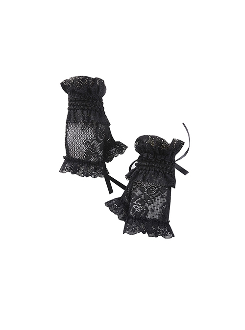 Gothic Style Elegant Lace Ribbon Elastic Adjustment Black Short Gloves