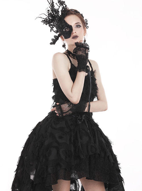 Gothic Style Elegant Lace Ribbon Elastic Adjustment Black Short Gloves