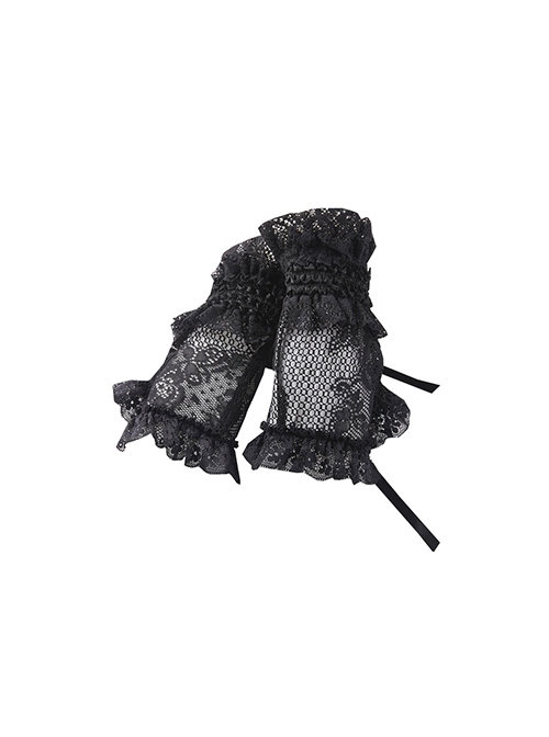 Gothic Style Elegant Lace Ribbon Elastic Adjustment Black Short Gloves